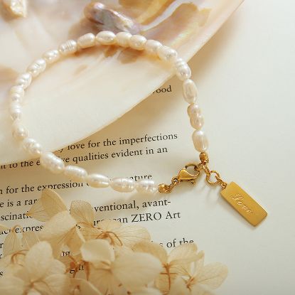 Picture of MOM-style letter-square tag bracelet—freshwater pearls